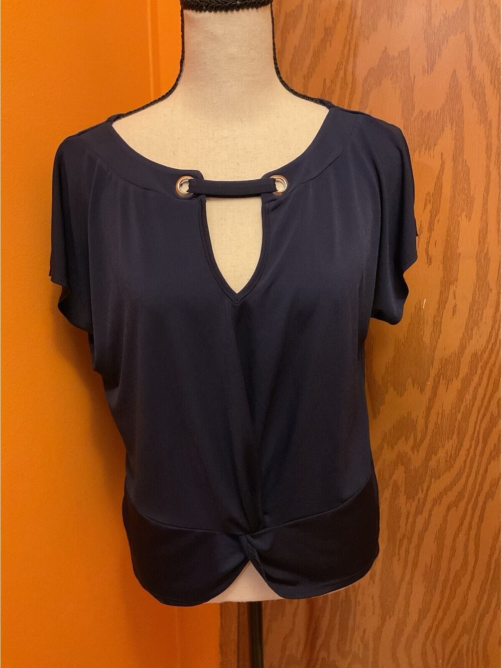 Navy Blue Espresso Large Blouse Keyhole Metal Gromet Twisted Hem